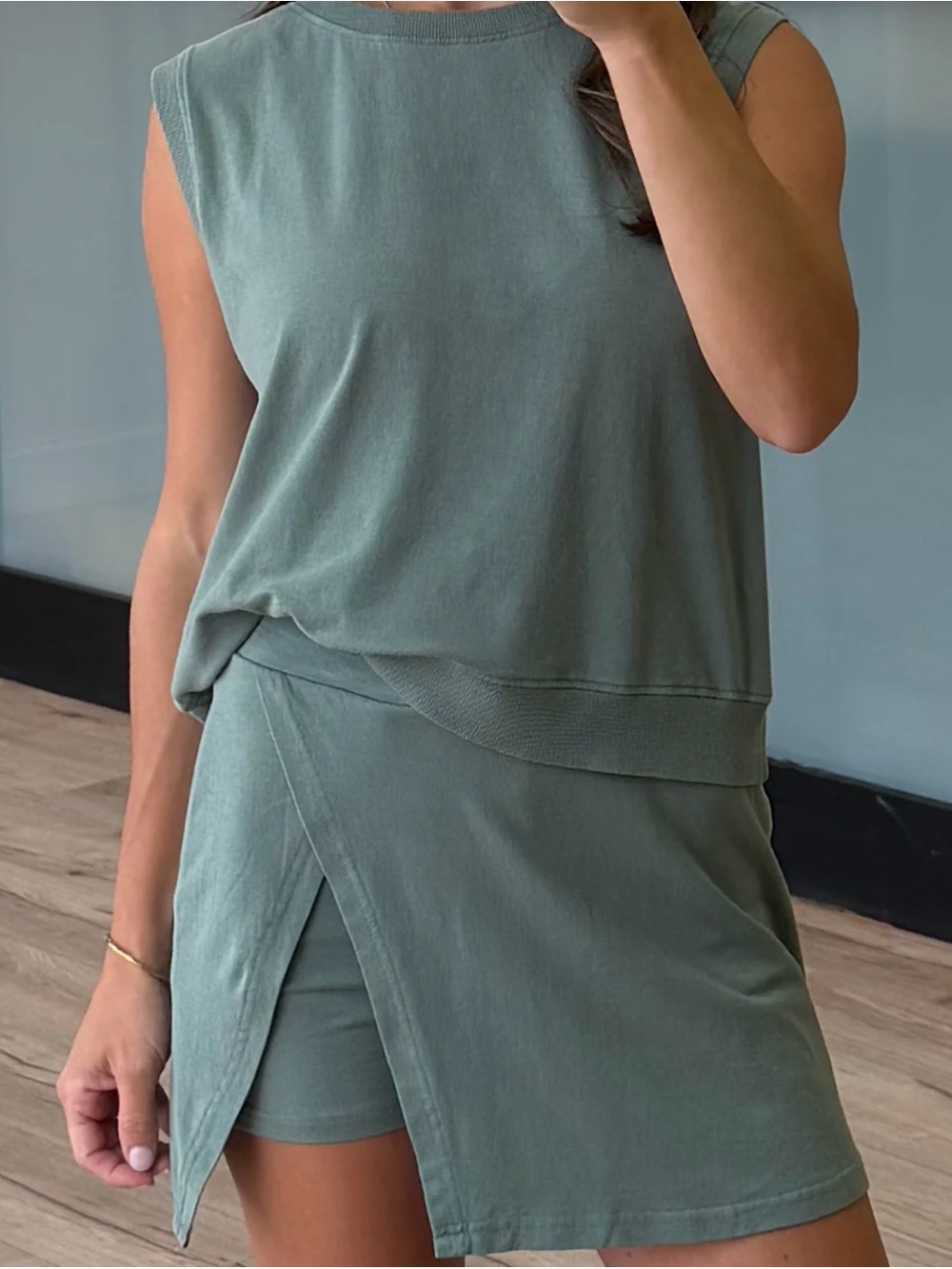 Sleeveless Olive Green Skirt Set